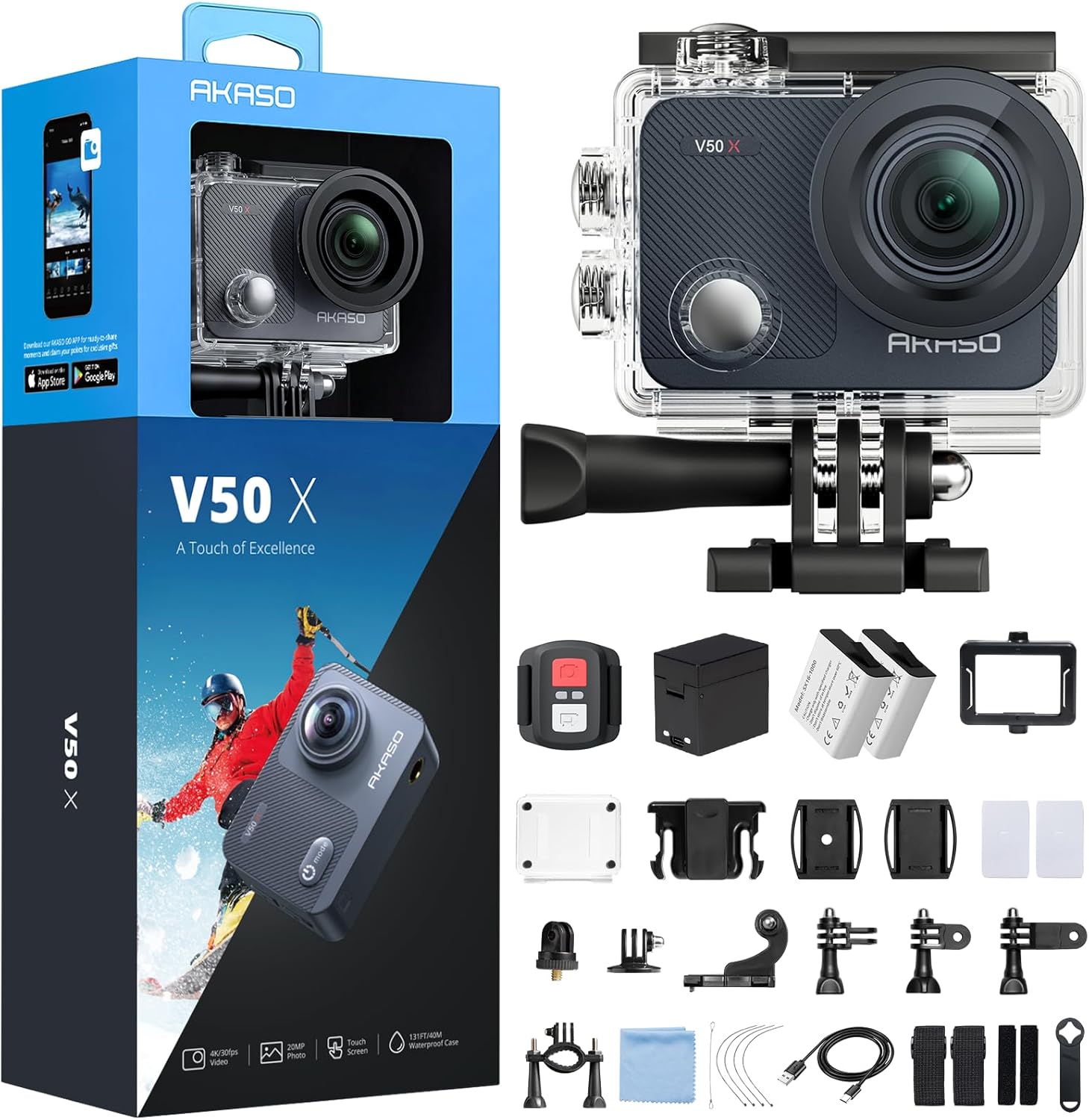 AKASO Action Cam 4K30FPS videocamera subacquea WiFi 40M Ice anti-shake Action Camera 4X Zoom V50X